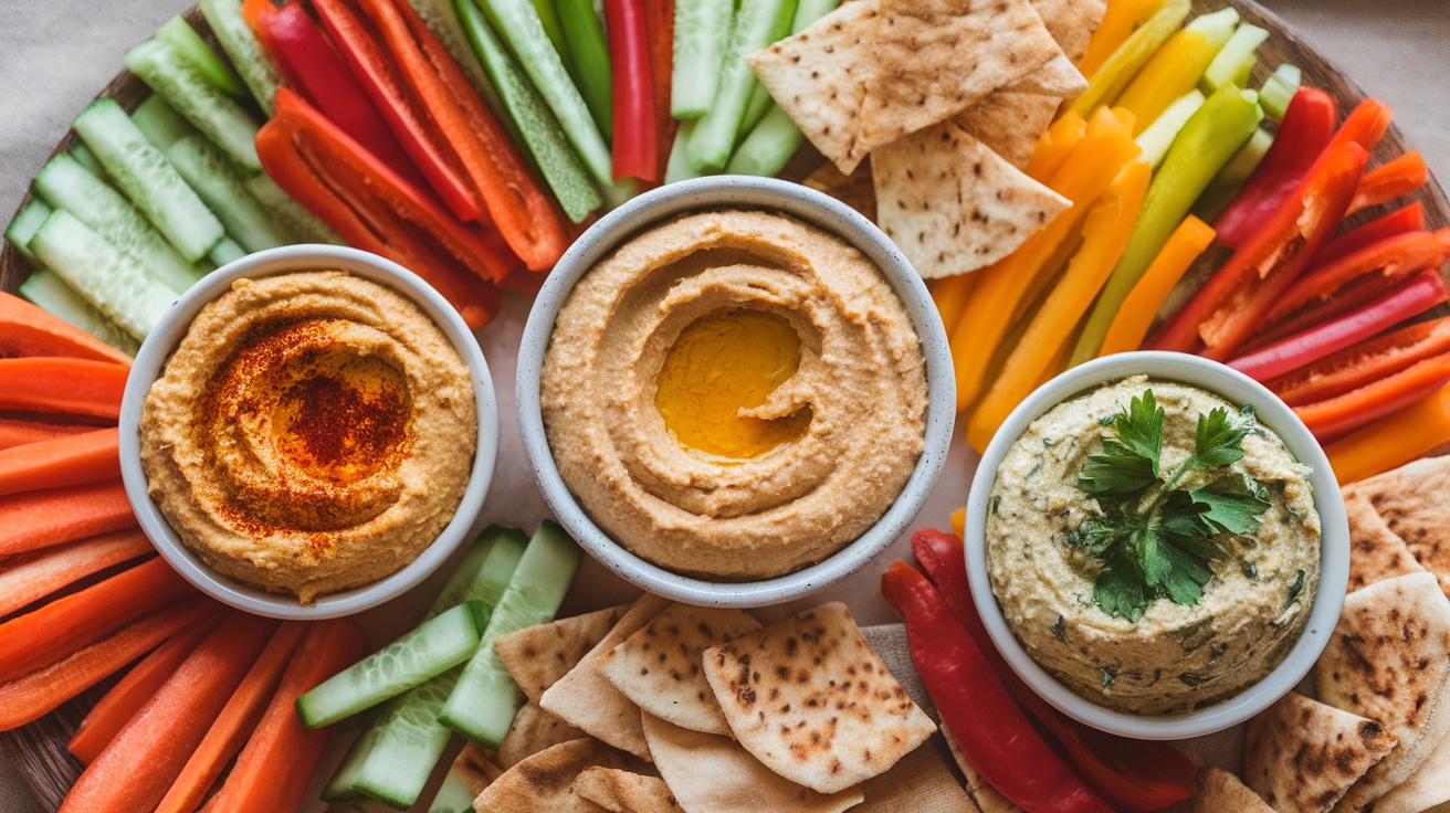 Flavorful Hummus Trio: Classic, Roasted Red Pepper, and Garlic Herb A colorful hummus trio with classic, roasted red pepper, and garlic herb varieties served with fresh vegetables and pita chips.