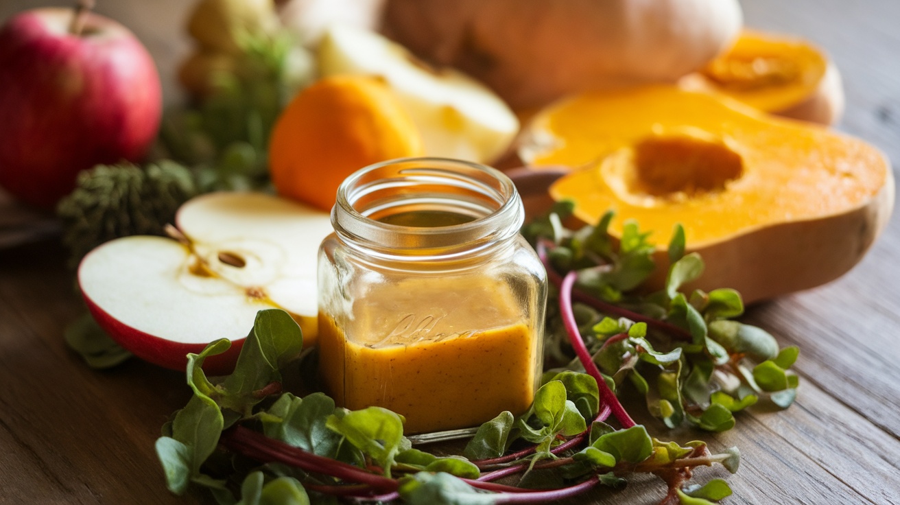 Maple Dijon Vinaigrette in a jar with fresh fall salad ingredients.