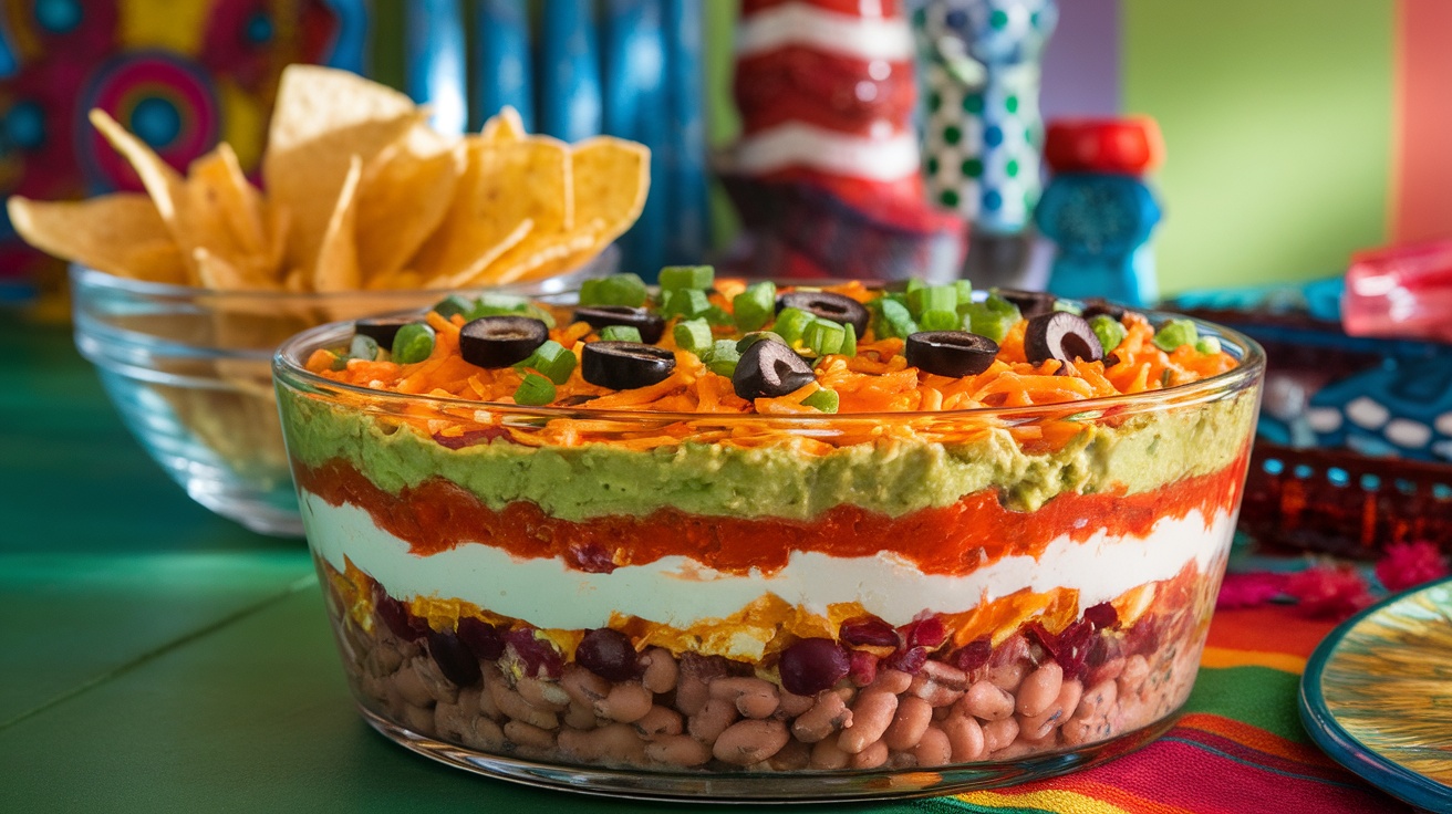 Delicious Seven-Layer Dip for Parties A layered dip in a glass dish with beans, guacamole, sour cream, salsa, cheese, olives, and green onions, accompanied by tortilla chips.