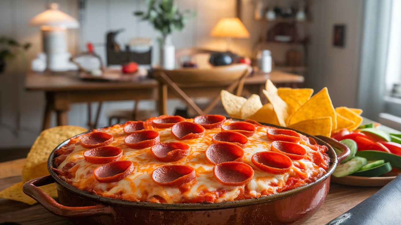 A delicious pizza dip with melted cheese and pepperoni, served with tortilla chips.