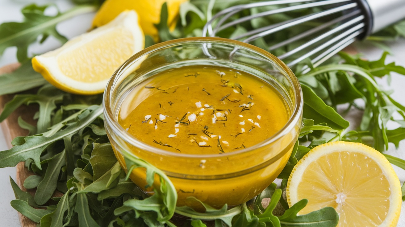 Zesty Lemon Garlic Dressing for Arugula Salad Fresh lemon garlic dressing in a bowl, surrounded by arugula and lemon wedges.