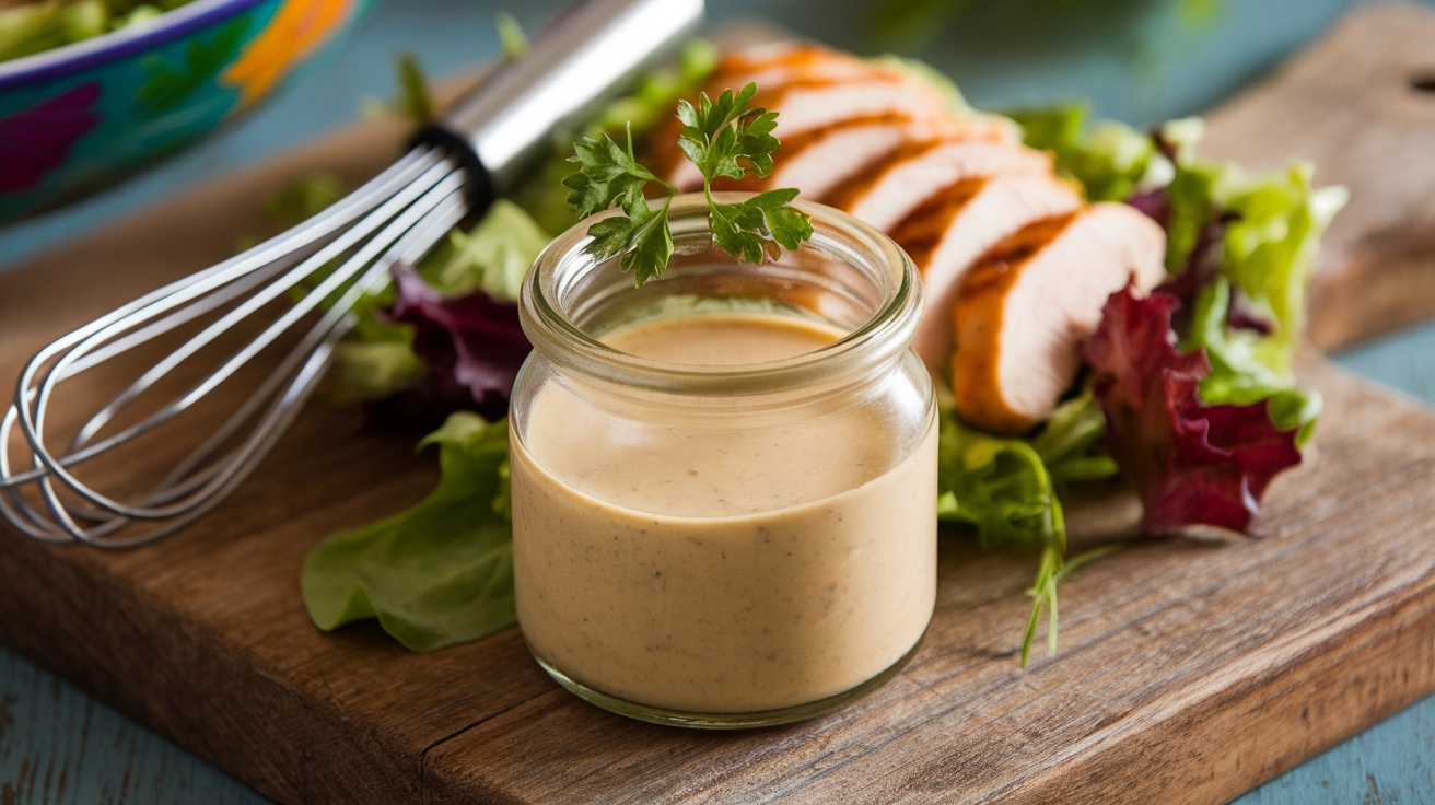 A glass jar of honey mustard dressing next to a salad and grilled chicken on a wooden table.