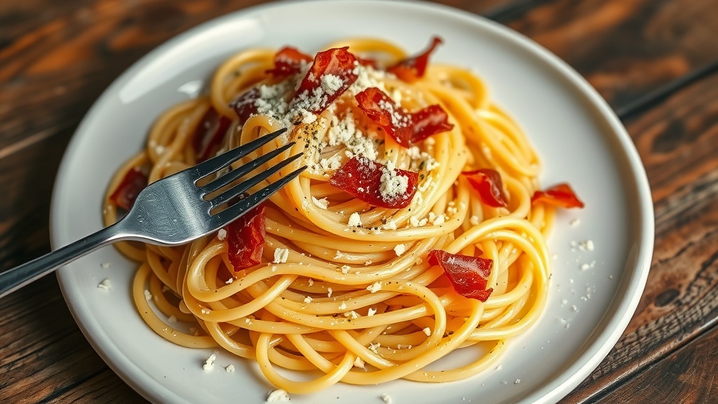 Classic Italian Carbonara Sauce Recipe A plate of spaghetti carbonara topped with pancetta and Pecorino Romano cheese, served on a rustic wooden table.