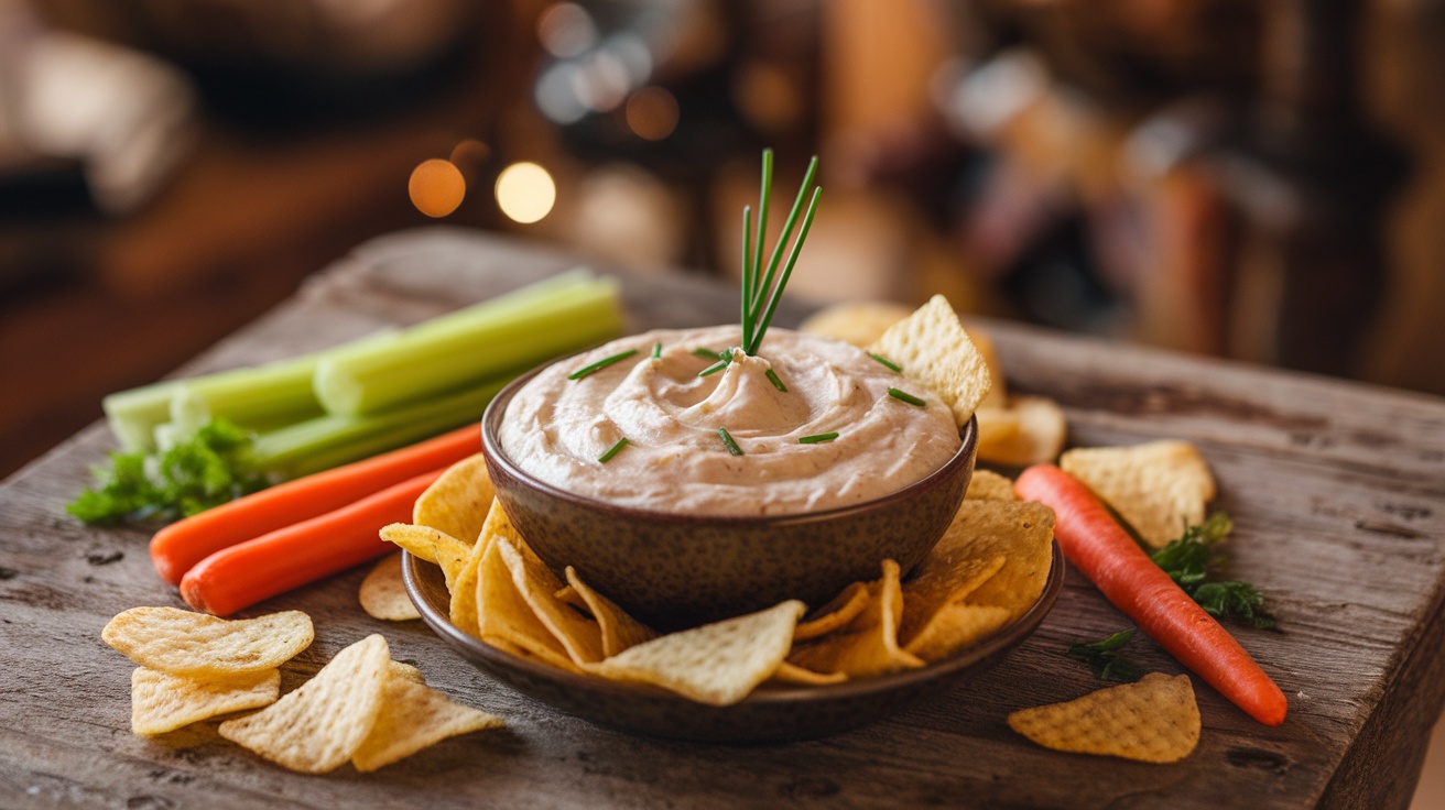 A bowl of caramelized onion French onion dip with chips and veggies on a rustic table.