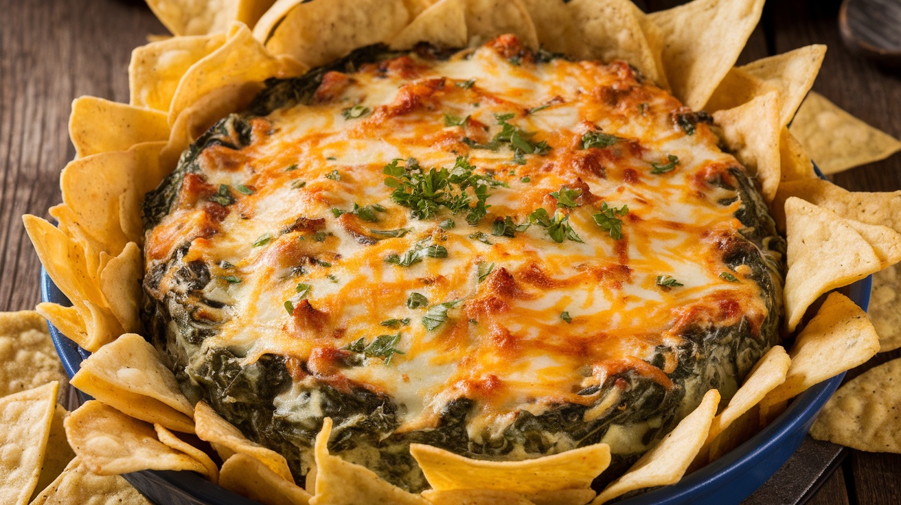 A bubbling dish of spinach artichoke dip with tortilla chips for serving.