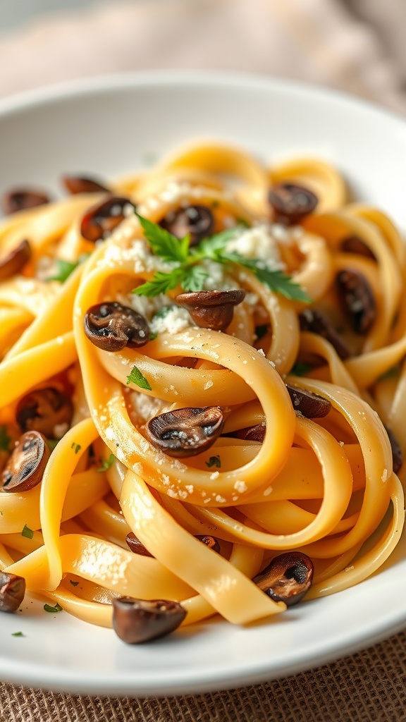 Plate of creamy pappardelle with porcini mushrooms garnished with parsley and Parmesan cheese.