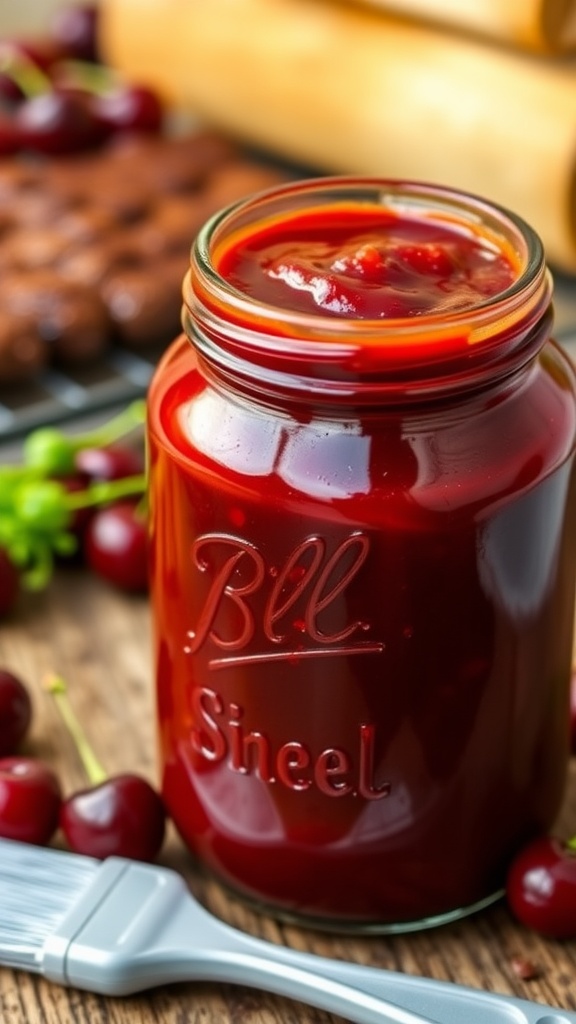 Cherry Chipotle Espresso BBQ Sauce Recipe A jar of cherry chipotle espresso BBQ sauce with cherries and chipotle peppers, placed on a wooden table.