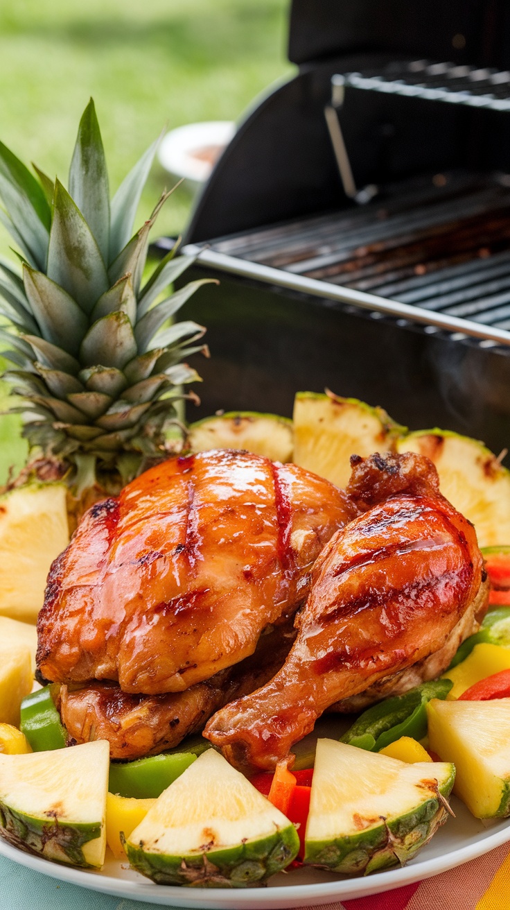Grilled chicken marinated in pineapple soy marinade, garnished with pineapple slices and green onions, set against a barbecue backdrop.