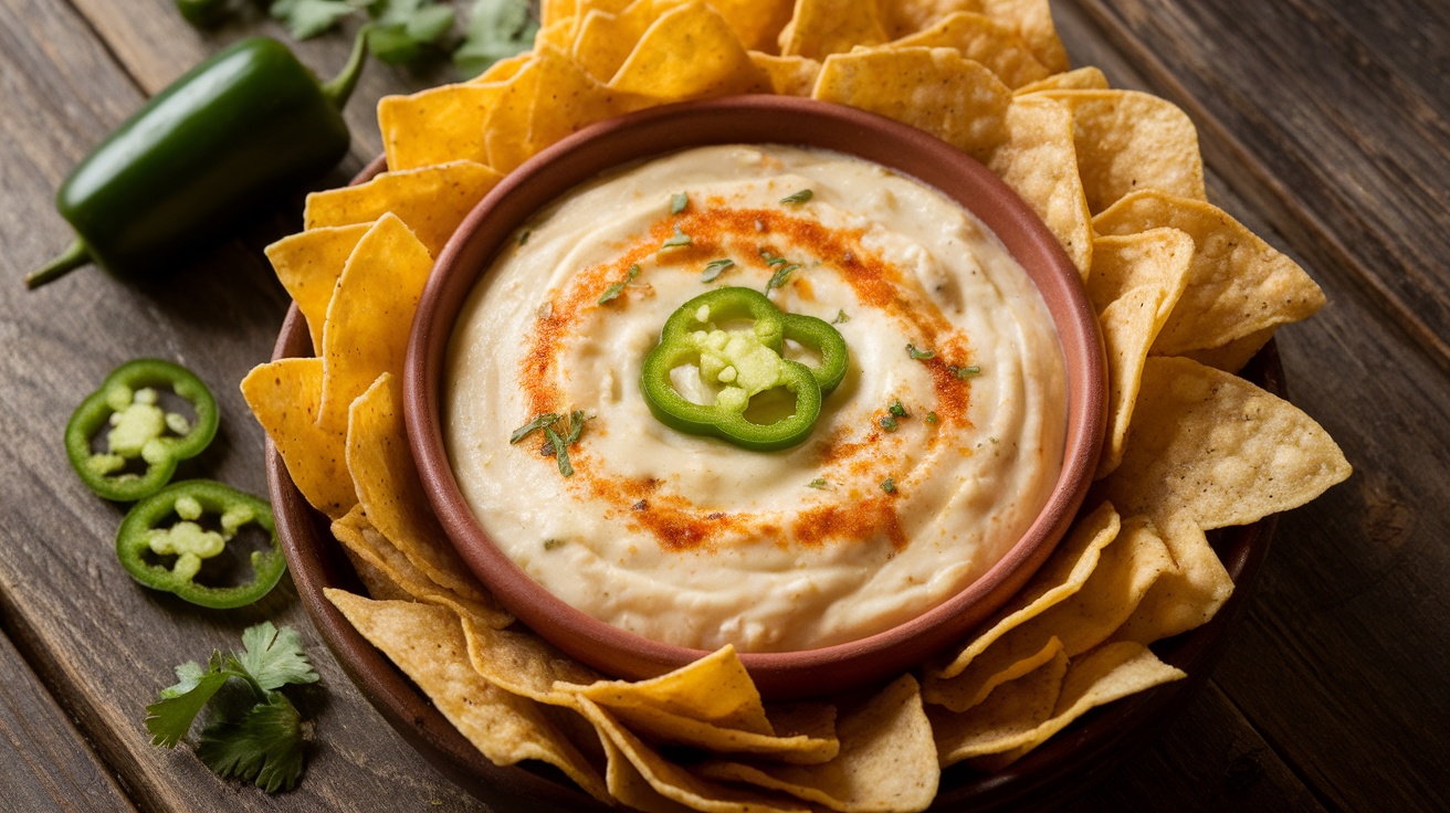 A bowl of melted queso blanco cheese dip with jalapeños, surrounded by tortilla chips on a rustic wooden table.
