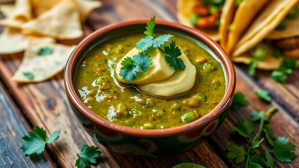 A bowl of green chili and tomatillo sauce with avocado, surrounded by tortilla chips and tacos on a rustic table.