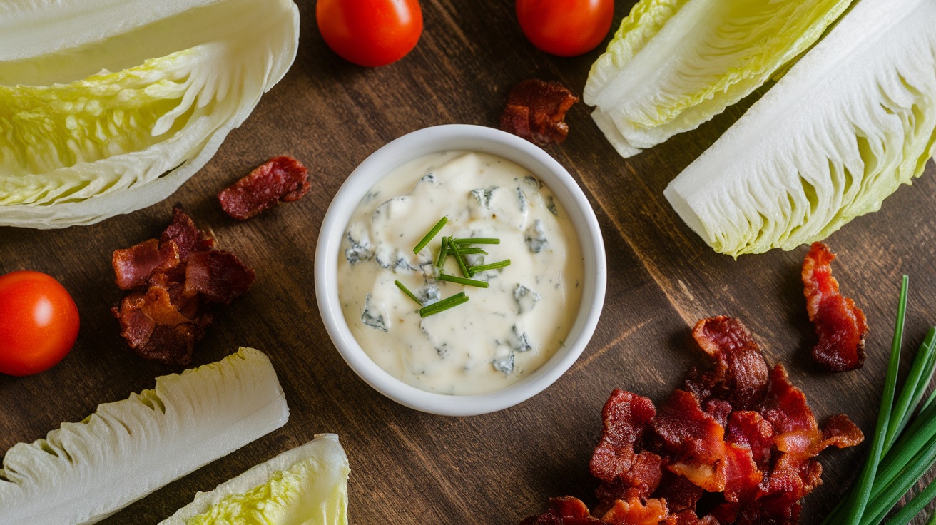 Chunky blue cheese dressing in a bowl with fresh salad ingredients like iceberg lettuce, bacon, and tomatoes.