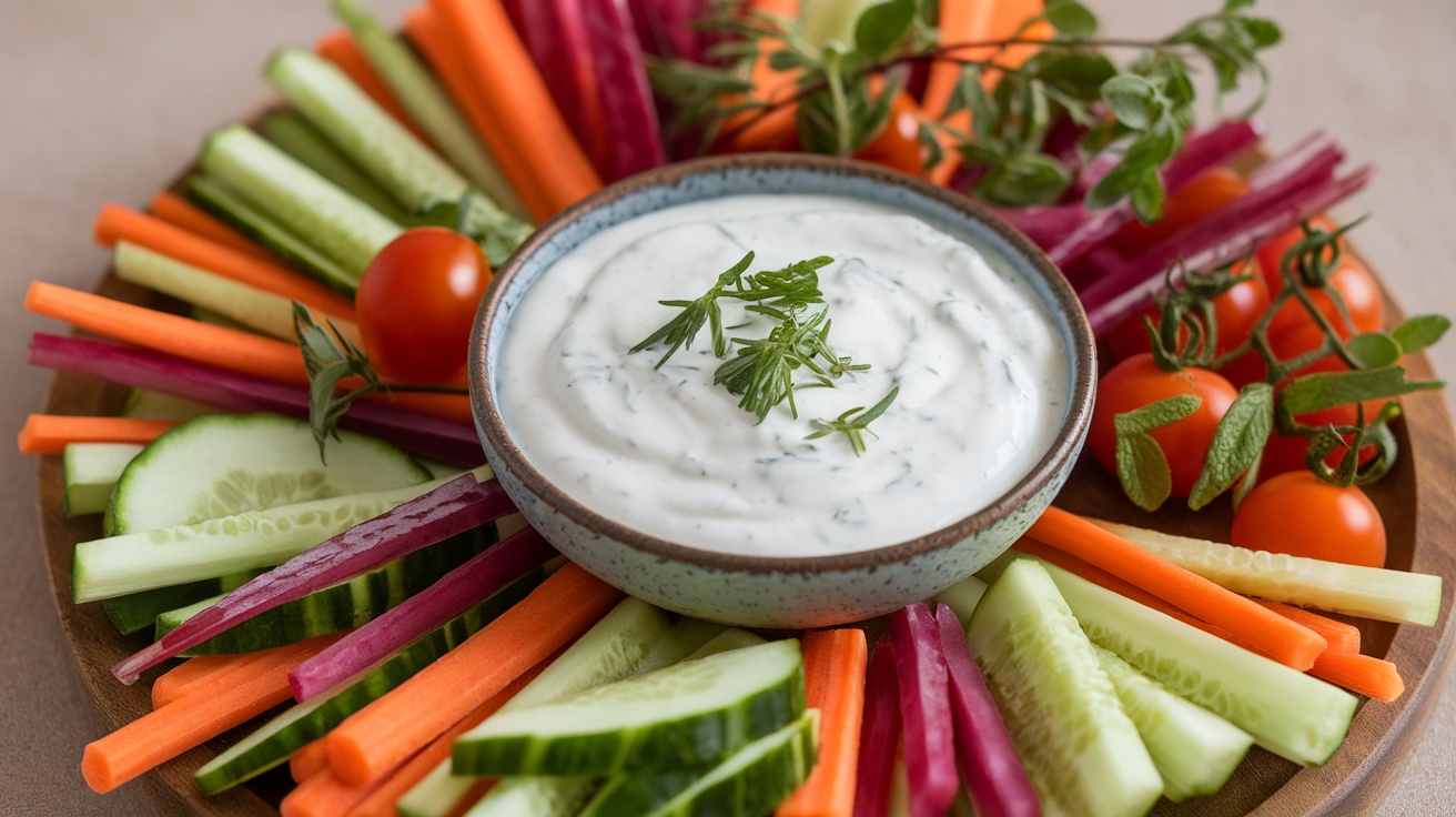 Herb-Infused Creamy Ranch Dressing Recipe A bowl of creamy ranch dressing with fresh herbs, surrounded by colorful vegetables for dipping.