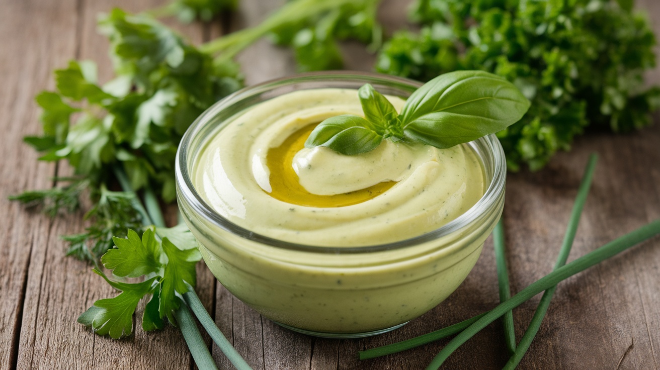 A bowl of Green Goddess dressing with fresh herbs and vegetables for dipping on a wooden table.