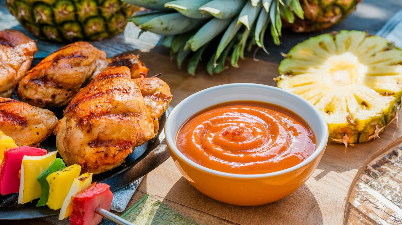 A bowl of sticky spicy pineapple glaze next to grilled chicken and kebabs, showcasing a tropical grilling experience.