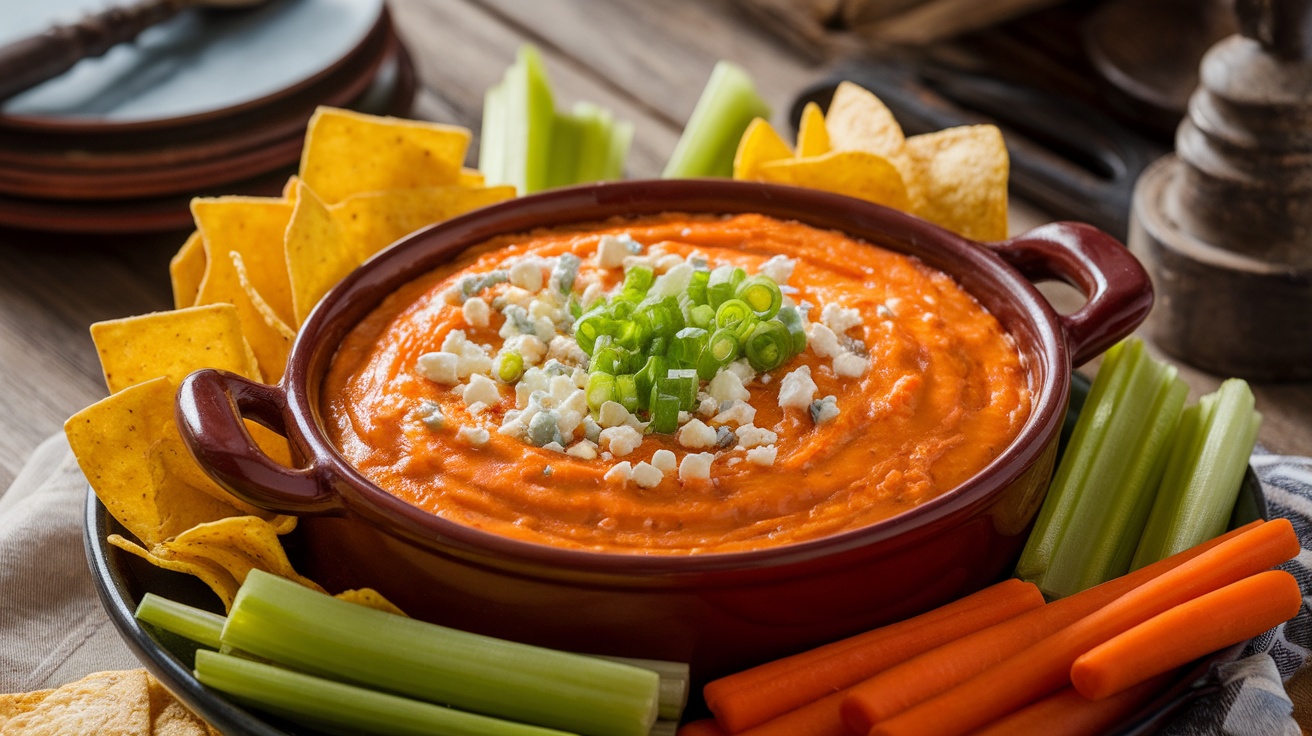 Creamy buffalo chicken dip topped with blue cheese and green onions, served with tortilla chips and vegetables.