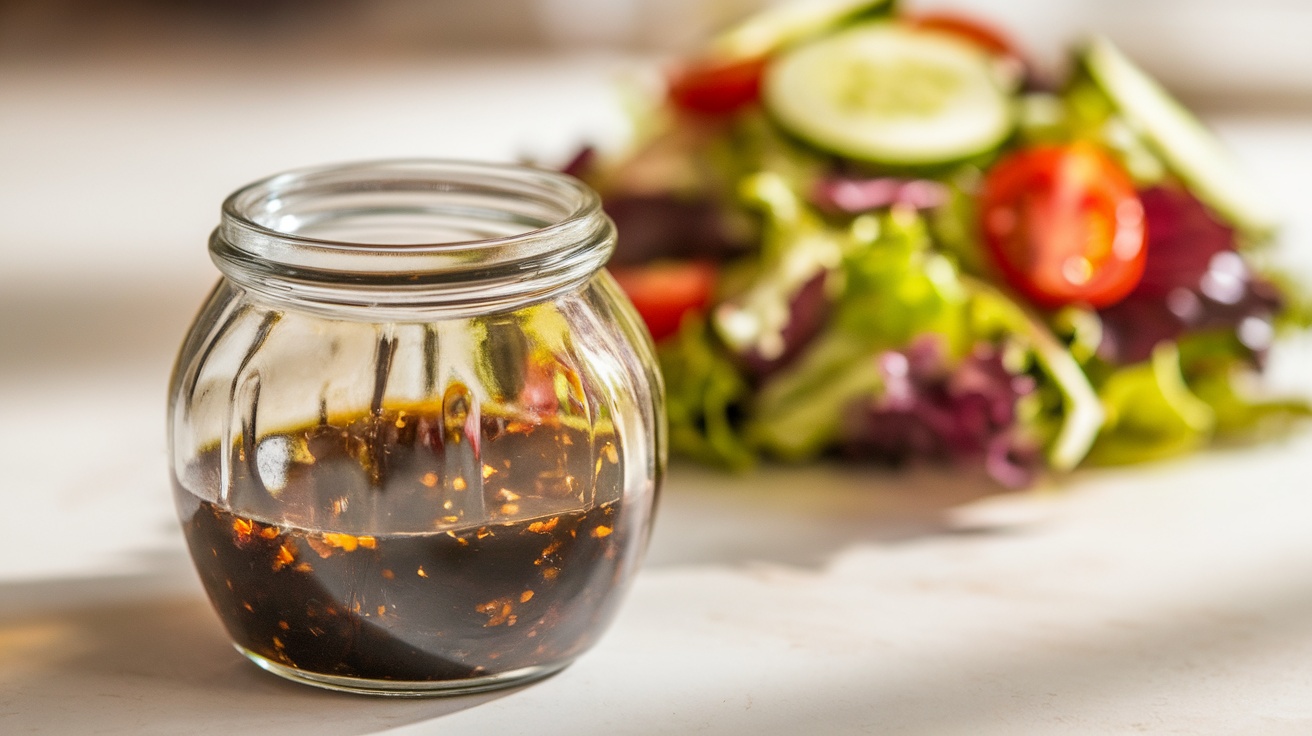 Homemade Balsamic Vinaigrette Dressing A jar of balsamic vinaigrette dressing beside a colorful salad.