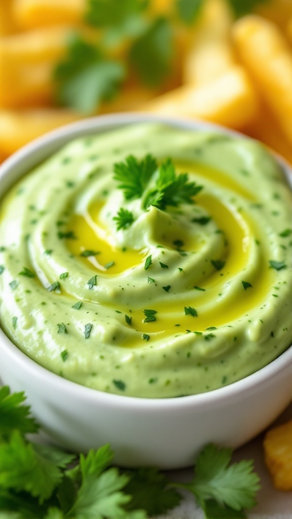 A small bowl of zesty chimichurri mayo with herbs, served with crispy fries.