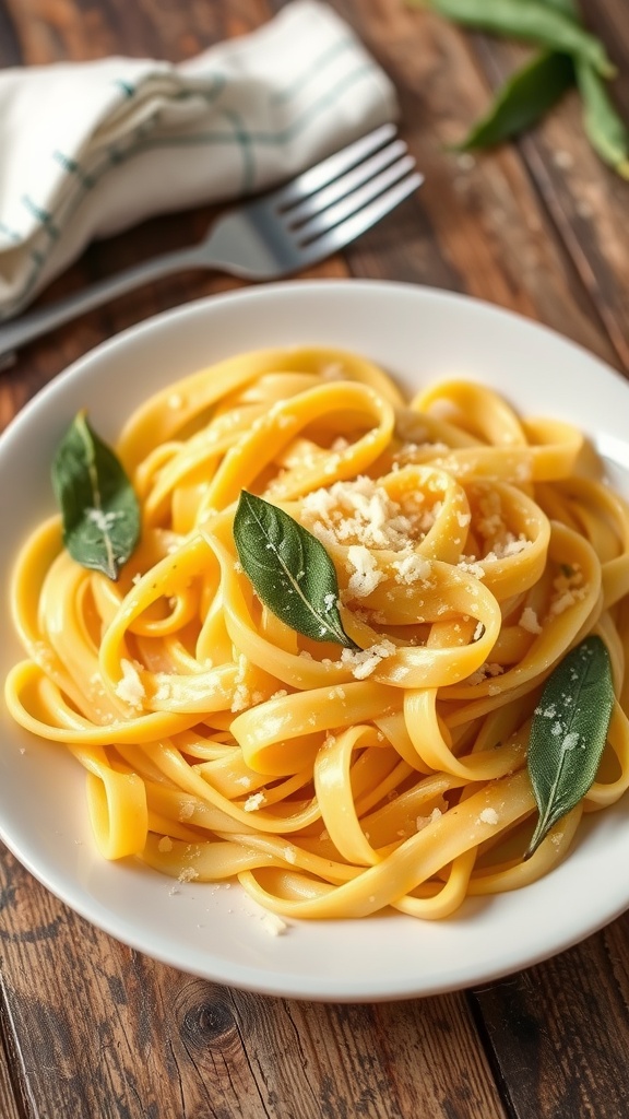 Plate of fettuccine in butter and sage sauce, garnished with sage leaves and Parmesan cheese.