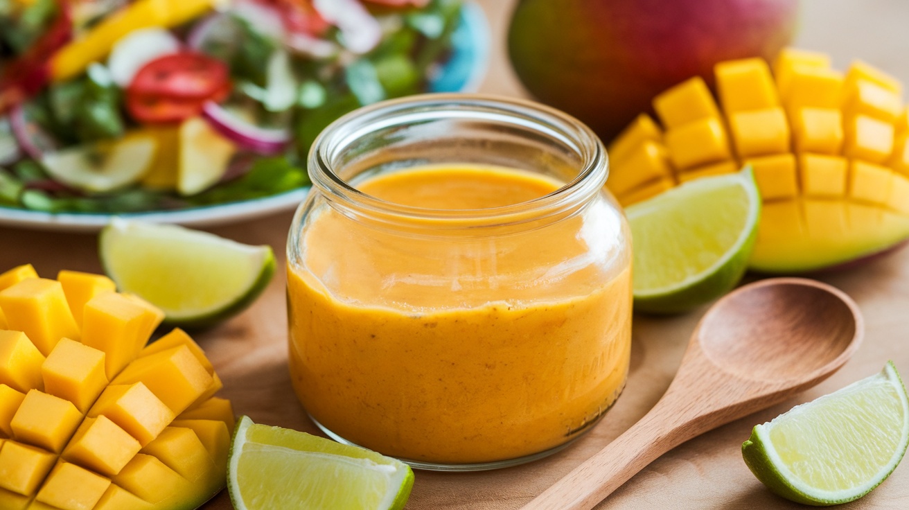 A jar of mango-lime dressing with mango slices and lime wedges, surrounded by a colorful salad.