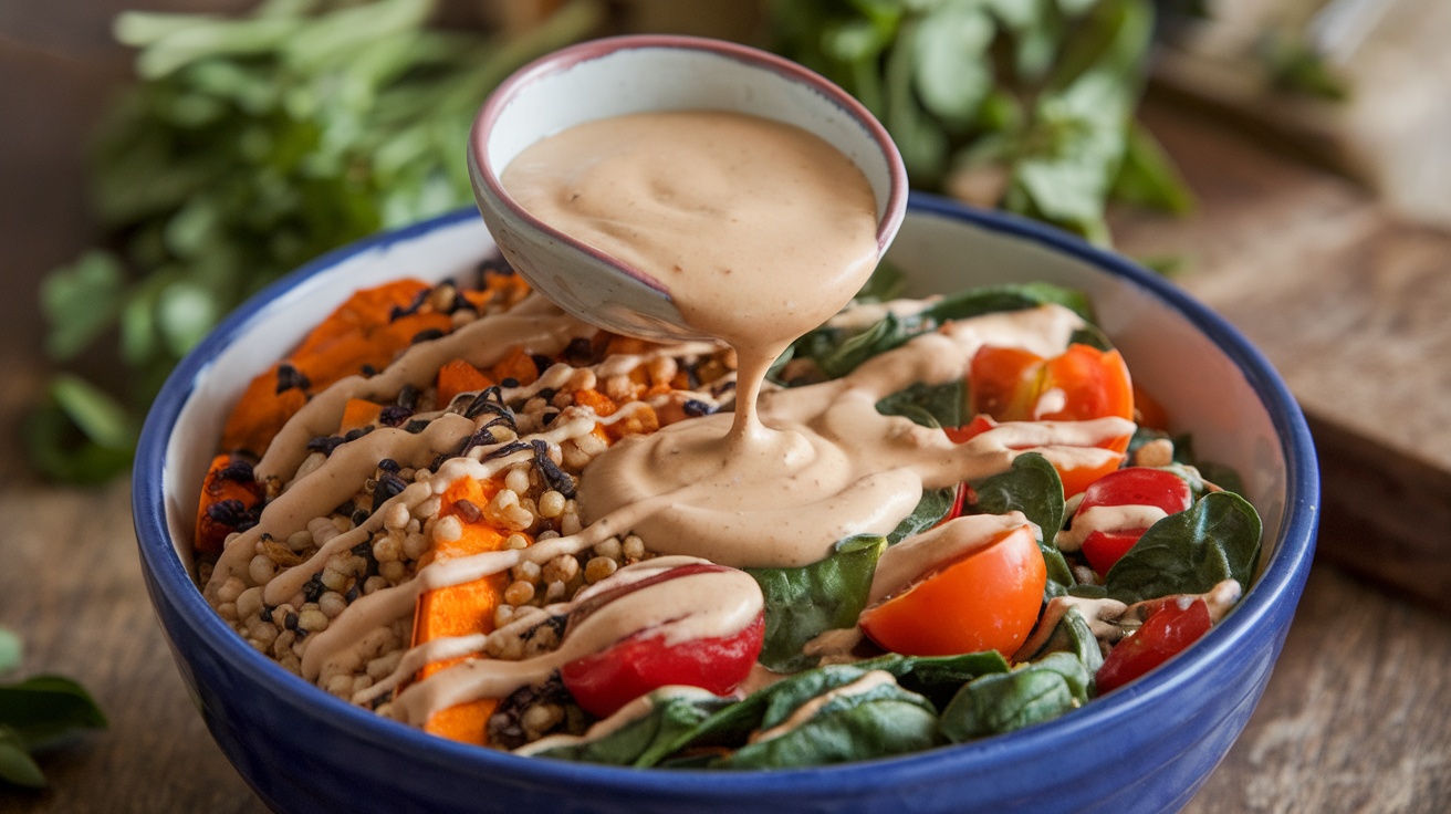 A bowl of tahini dressing drizzled over a colorful grain bowl with sweet potatoes and vegetables.