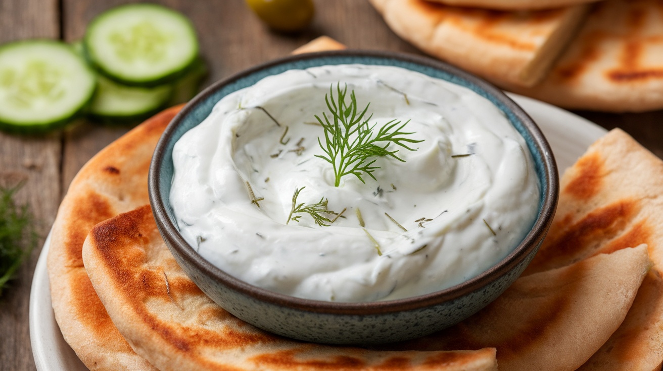 A bowl of tzatziki sauce with pita bread and cucumber slices on a wooden table.