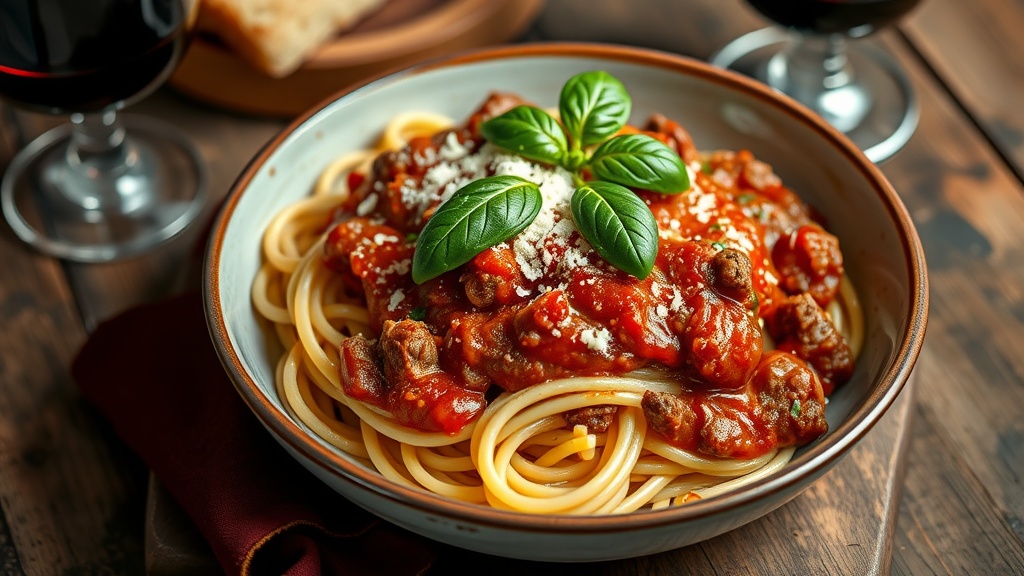 A delicious meat tomato sauce served over spaghetti, garnished with basil and Parmesan, on a wooden table.