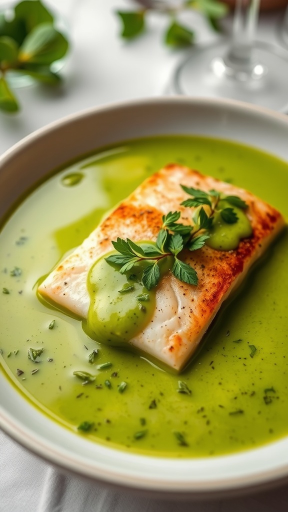 Zesty sorrel sauce drizzled over seared fish garnished with herbs on an elegant dining table.