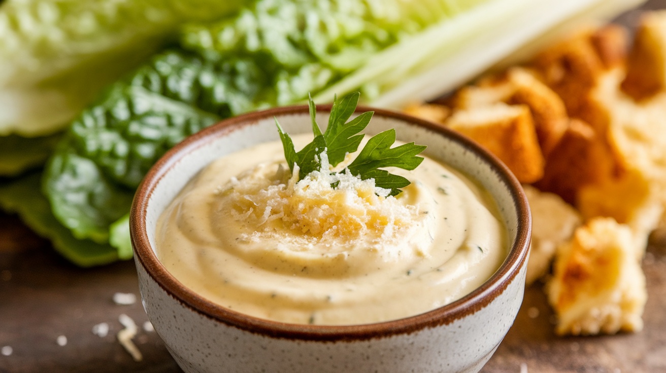 Classic Caesar Salad Dressing Recipe A bowl of creamy Caesar dressing with Parmesan and parsley, surrounded by romaine lettuce and croutons.
