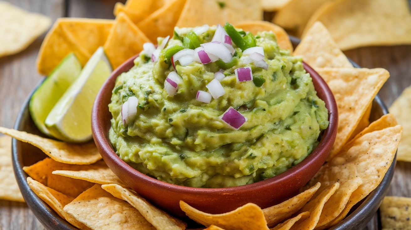 A bowl of guacamole with tortilla chips and lime on a rustic wooden table.