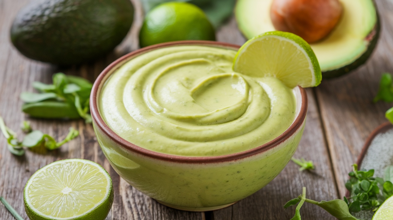 Creamy avocado lime dressing in a bowl, garnished with lime slice, surrounded by fresh ingredients.