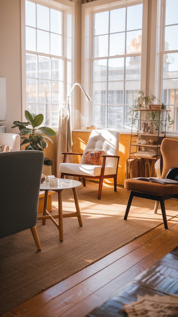 A cozy living room featuring comfortable seating, large windows, and natural lighting.