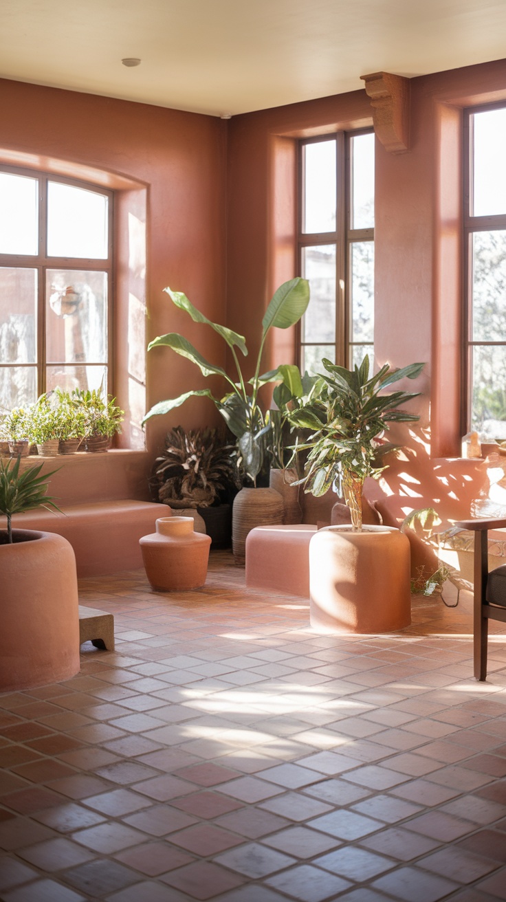 A cozy interior showcasing terracotta tiles and rustic decor.