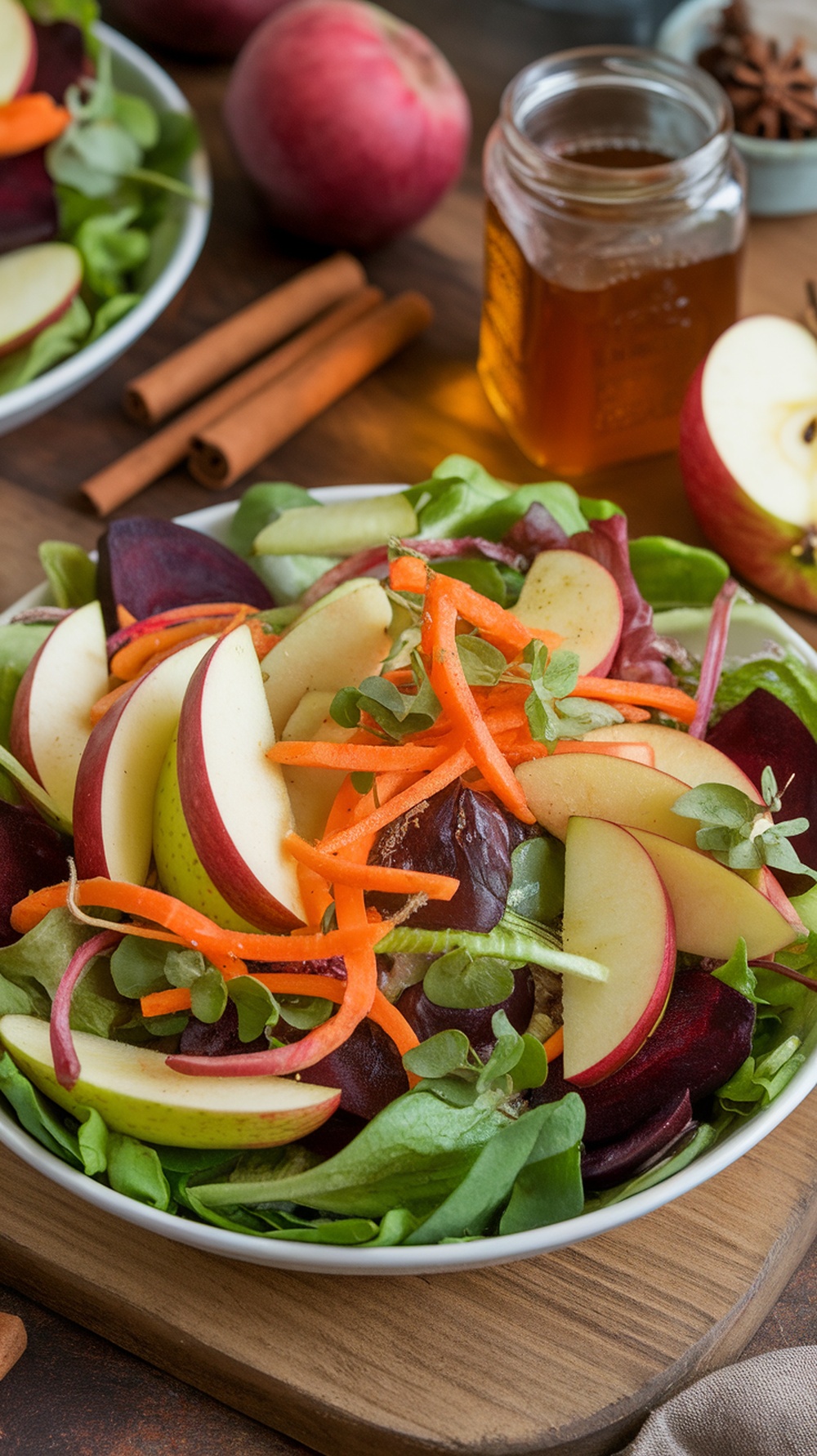 A vibrant salad featuring apple slices, carrots, and leafy greens, with cinnamon sticks and a jar of honey in the background.