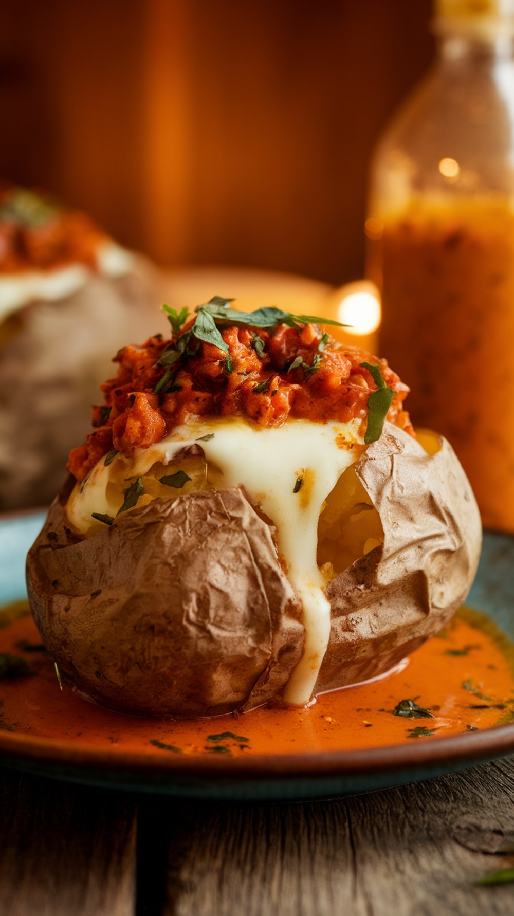 A baked potato topped with melted cheese and a smoky sauce, served on a plate.