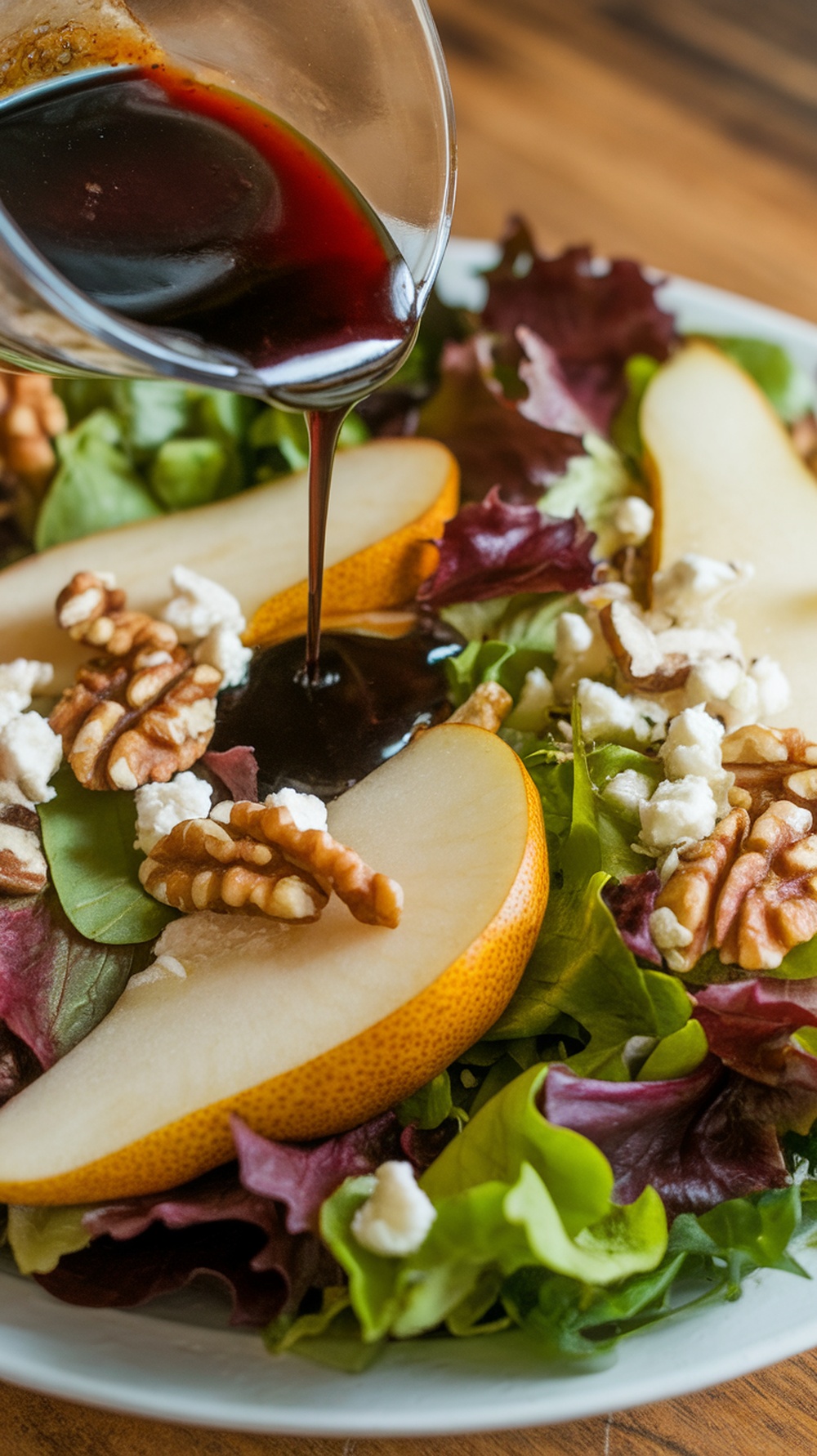 A close-up of balsamic pear dressing being poured over a salad with pears and walnuts.
