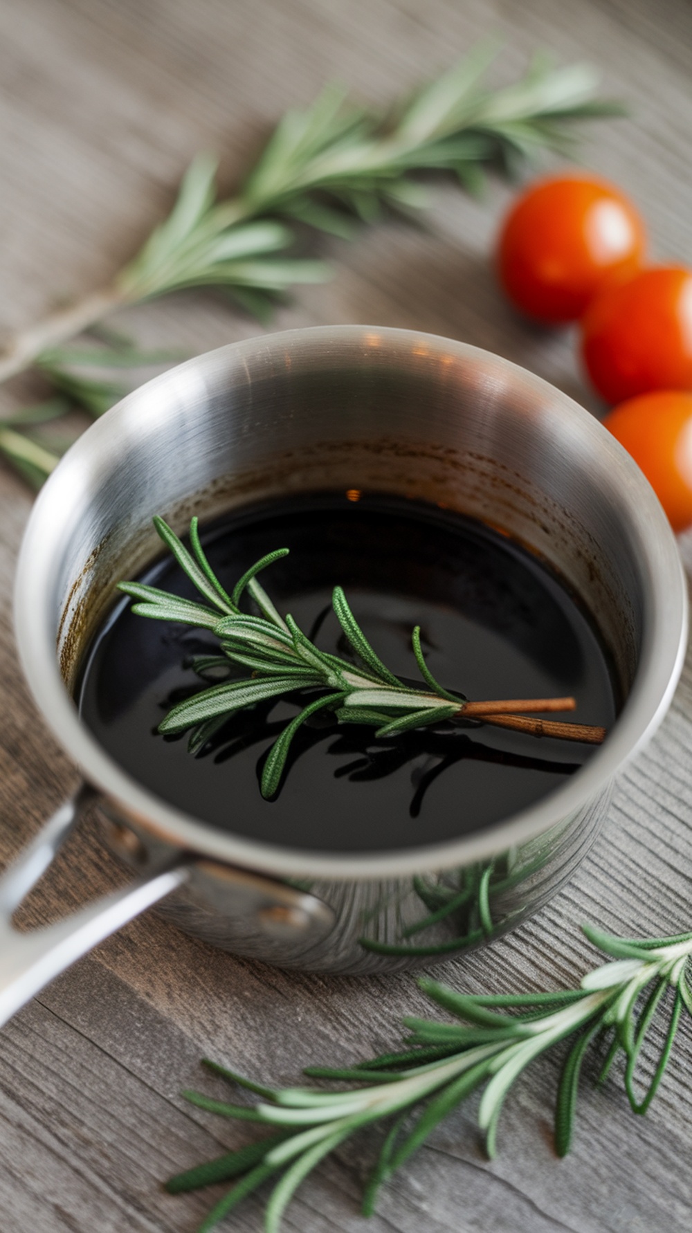 A saucepan with balsamic reduction and rosemary sprigs on a wooden surface.