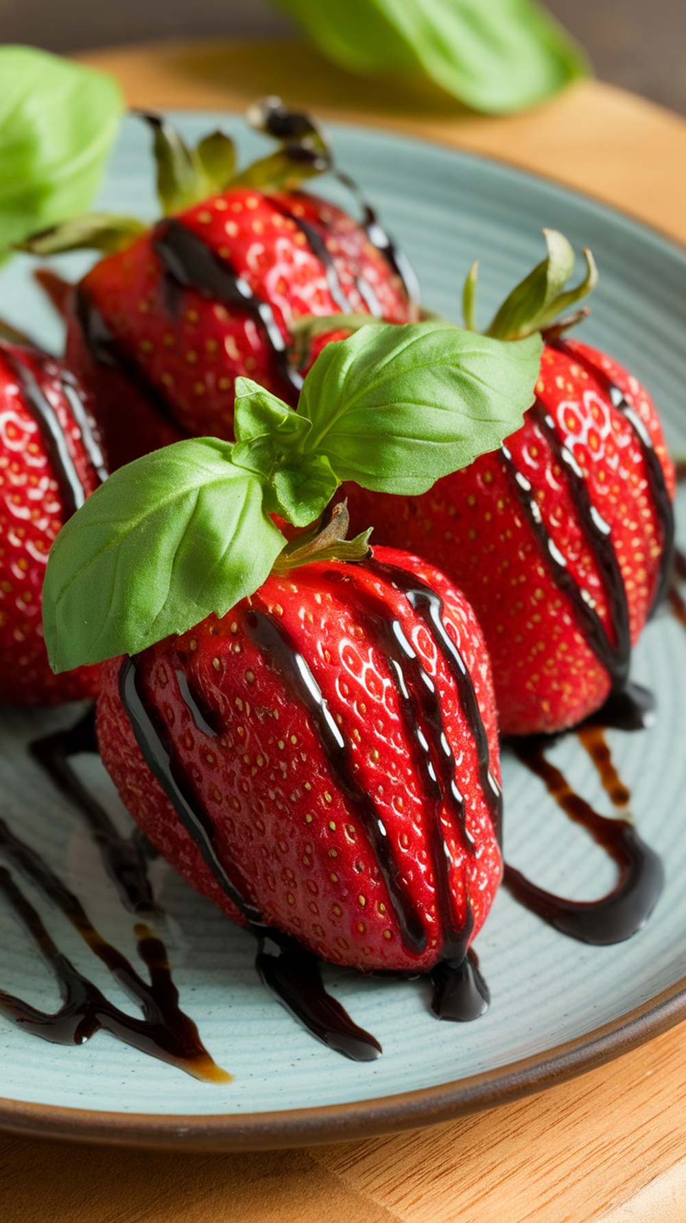 Grilled strawberries drizzled with balsamic reduction and topped with fresh basil