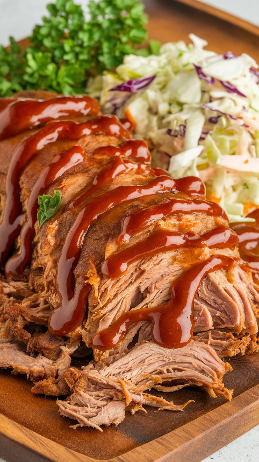 Delicious BBQ pulled pork drizzled with sauce, served on a wooden platter with coleslaw and garnished with parsley.