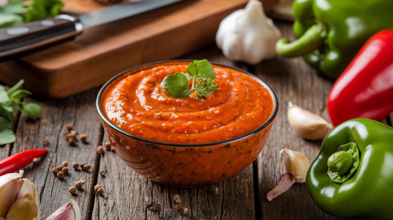 A bowl of bold, peppery sauce surrounded by fresh ingredients like garlic and bell peppers.