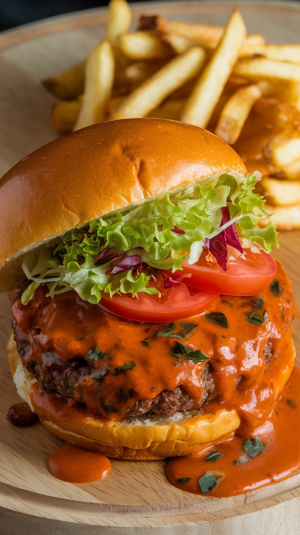 A close-up of a juicy burger topped with a vibrant sauce, fresh lettuce, and tomatoes, accompanied by crispy fries.