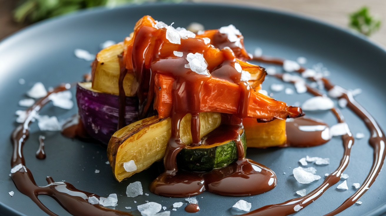 A plate of vibrant roasted vegetables drizzled with a rich, sticky sauce, garnished with coarse salt.