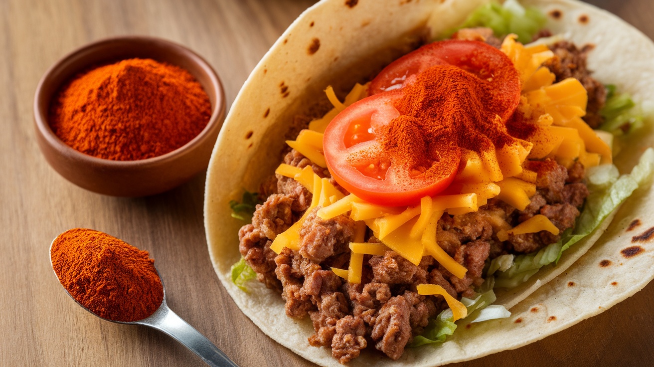 A close-up of a taco filled with ground beef, cheese, tomatoes, and chili powder, alongside bowls of chili powder on a wooden surface.