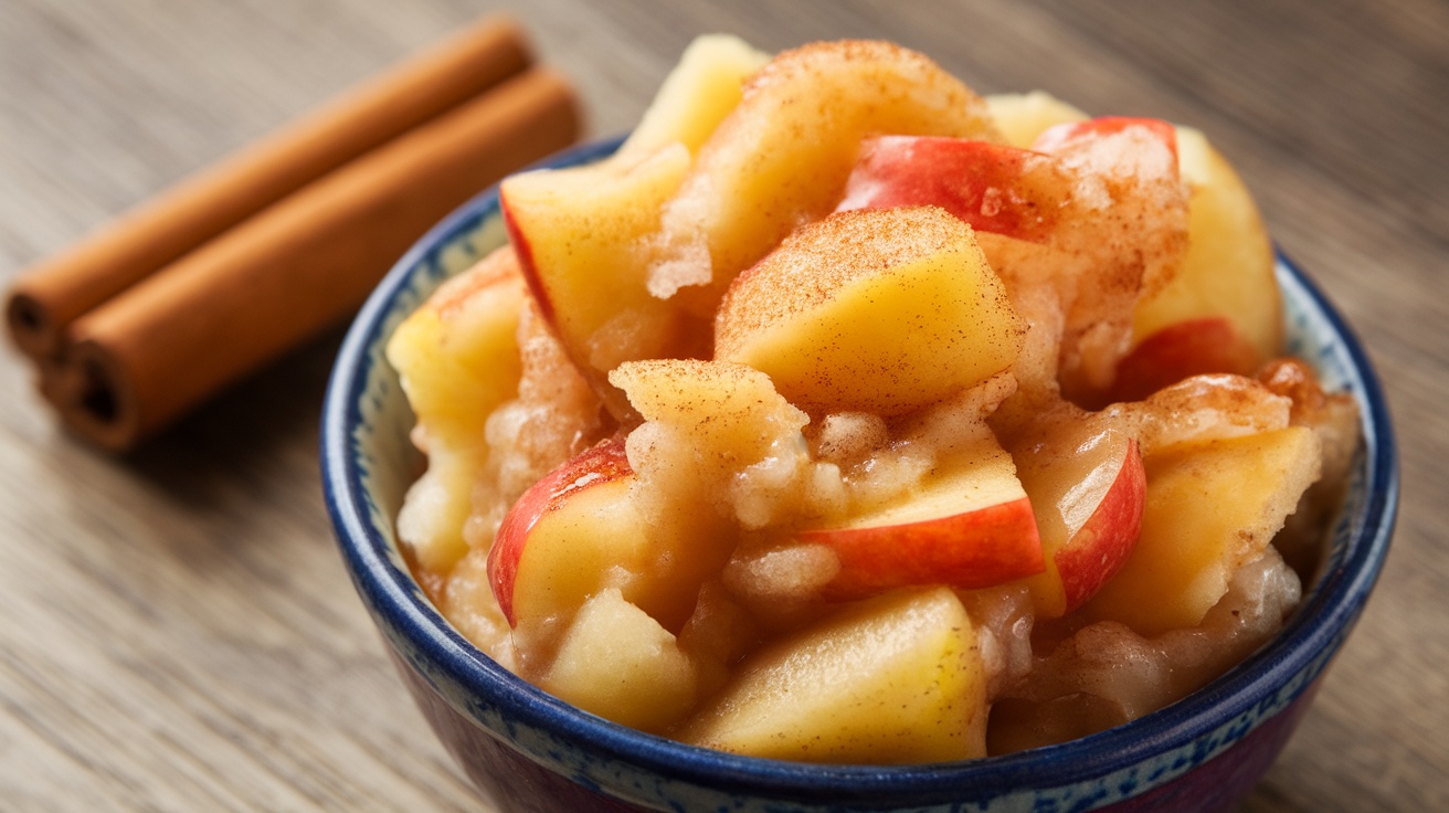 A bowl of cinnamon-flavored apple pie filling with cinnamon sticks in the background.