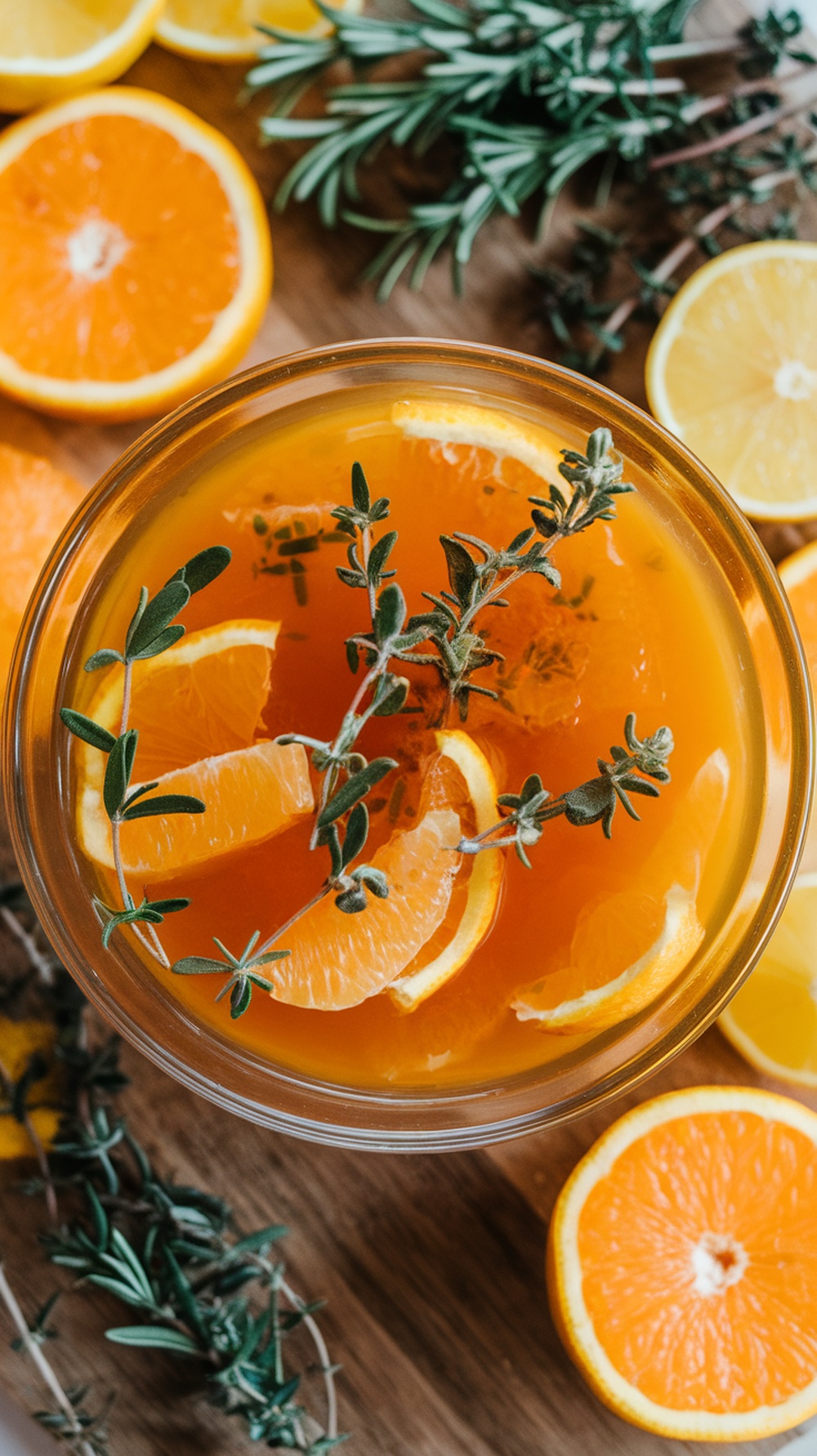 A bowl of citrus herb marinade with slices of orange and lemon and fresh herbs surrounding it.