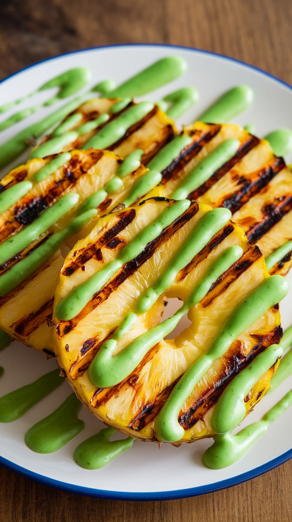 Grilled pineapple slices drizzled with green coconut lime sauce.
