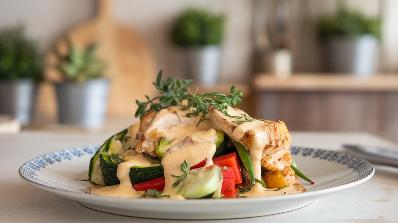 A plate of grilled chicken and vegetables covered in a creamy sauce.