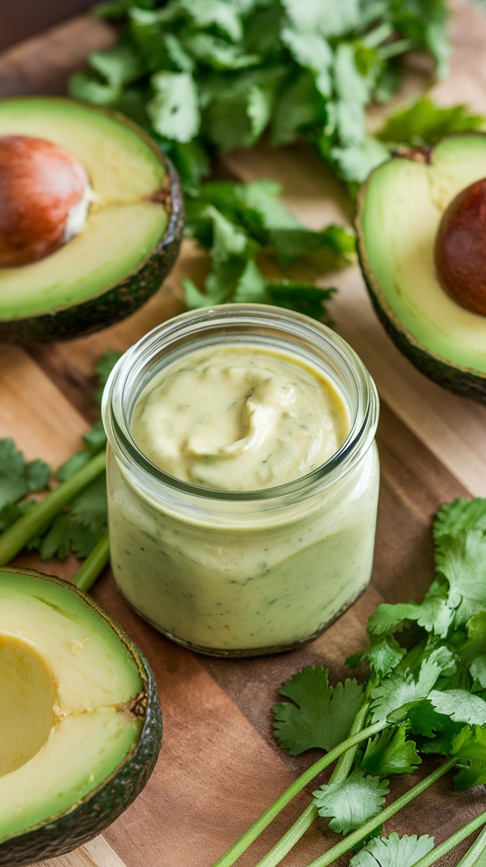 A jar of creamy avocado cilantro dressing surrounded by fresh avocados and cilantro
