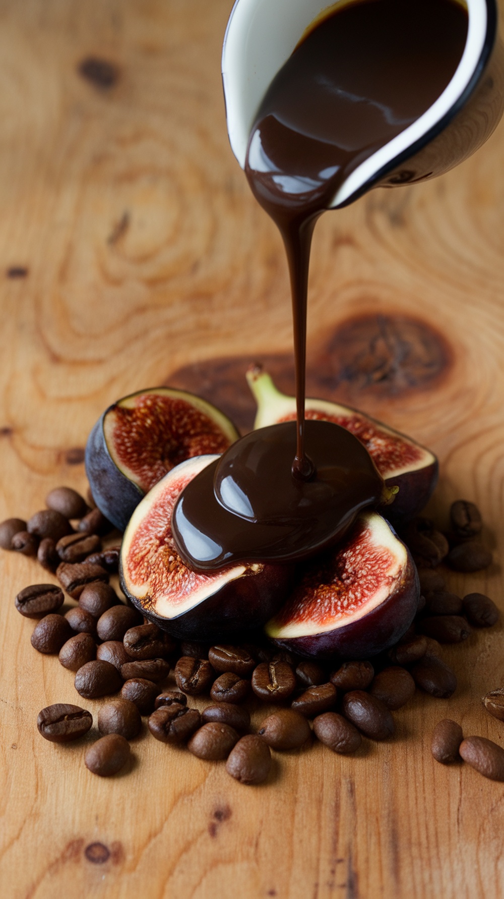 Dark chocolate espresso sauce being poured over sliced figs on a wooden surface with coffee beans