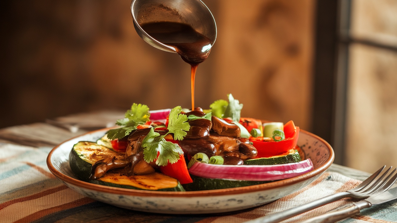 A plate of colorful vegetables topped with a rich sauce being poured over.