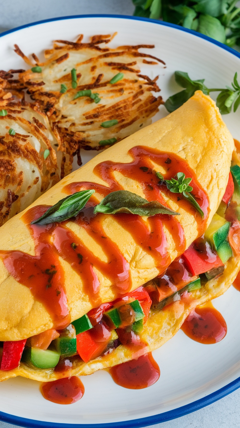 Omelet filled with veggies and drizzled with sauce on a plate, with crispy hash browns in the background.